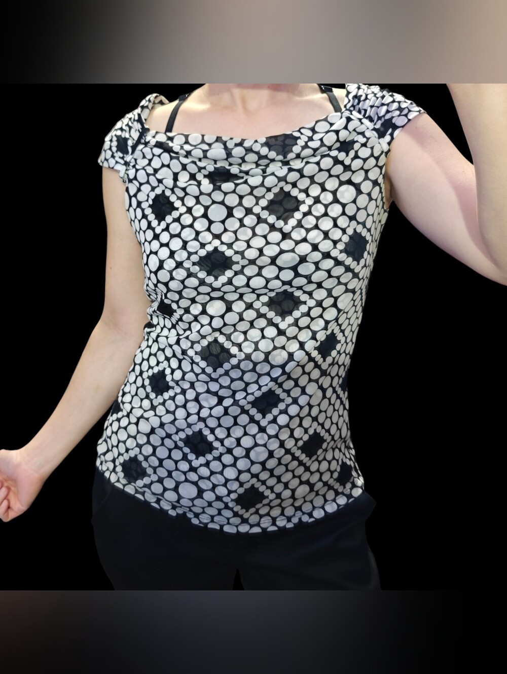 Sarah Spencer Black and White Polka Dot Double Mesh Cap-Sleeve Camisole